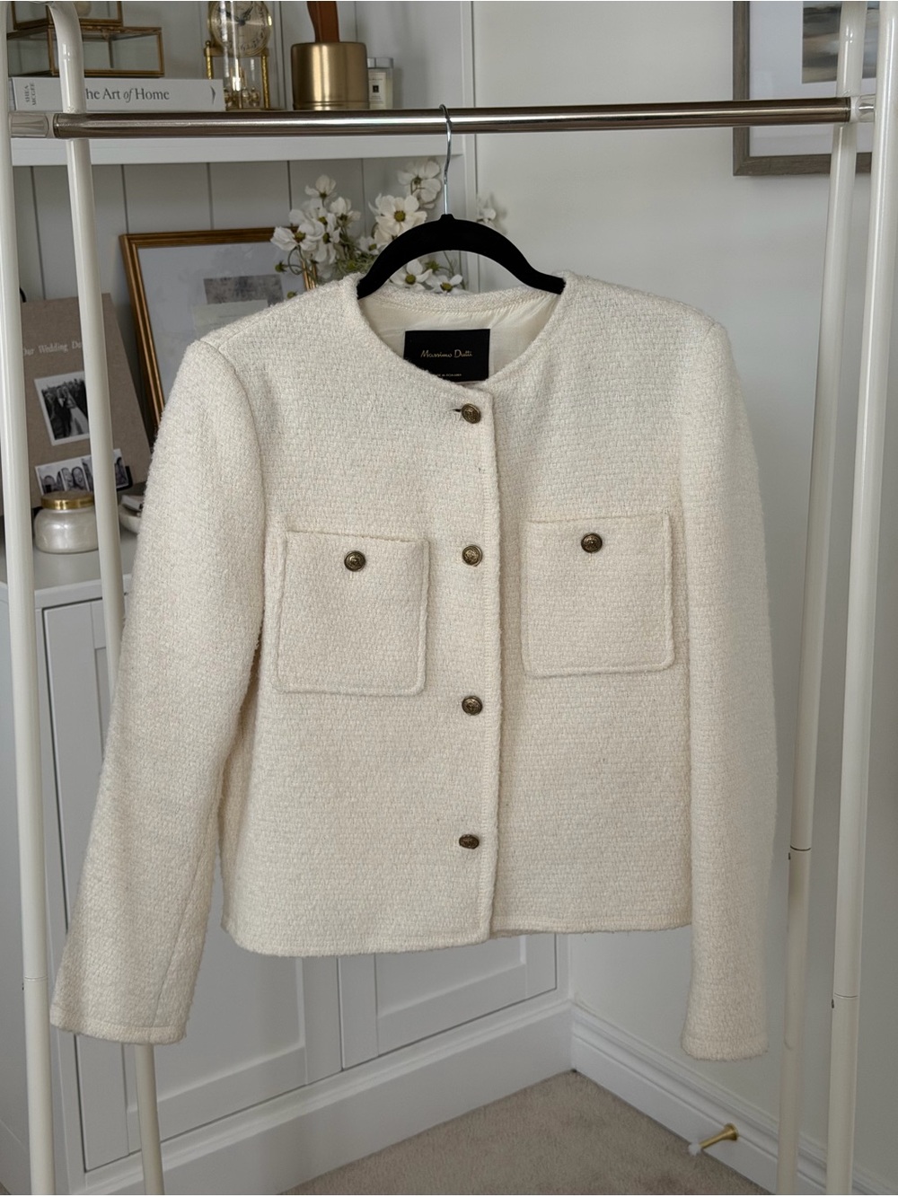 Massimo Dutti Cream Bouclé Collarless Pocket Jacket